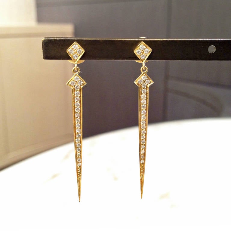 Handmade Dagger Earrings in 18k yellow gold with white diamonds and 18k gold posts.
