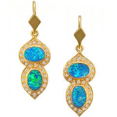 Boulder Opal Diamond Gold Drop Earrings