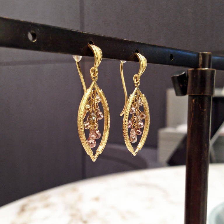 Artist Barbara Heinrich Champagne Diamond Gold Cluster Drop Earrings