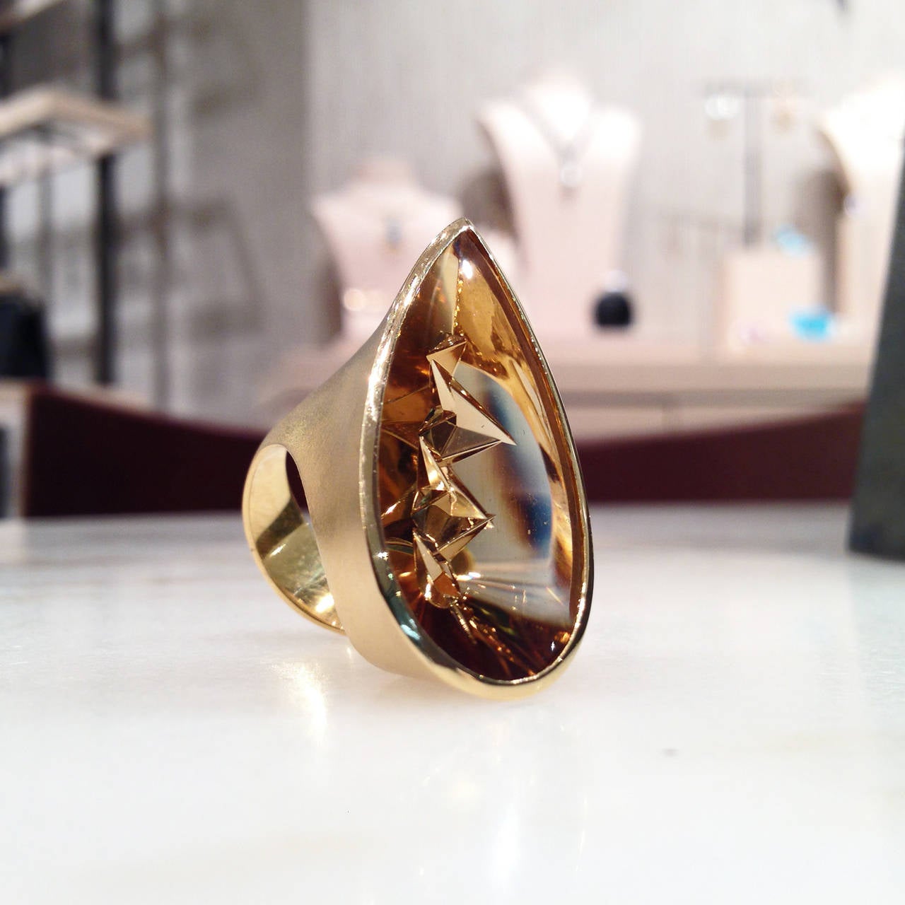One-of-a-Kind Imperial Citrine Ring handcrafted in matte, satin-finished 18k yellow gold with a Munsteiner icicle-cut citrine weighing a total of 20.75 carats. Size US 6.75 (Can be sized).