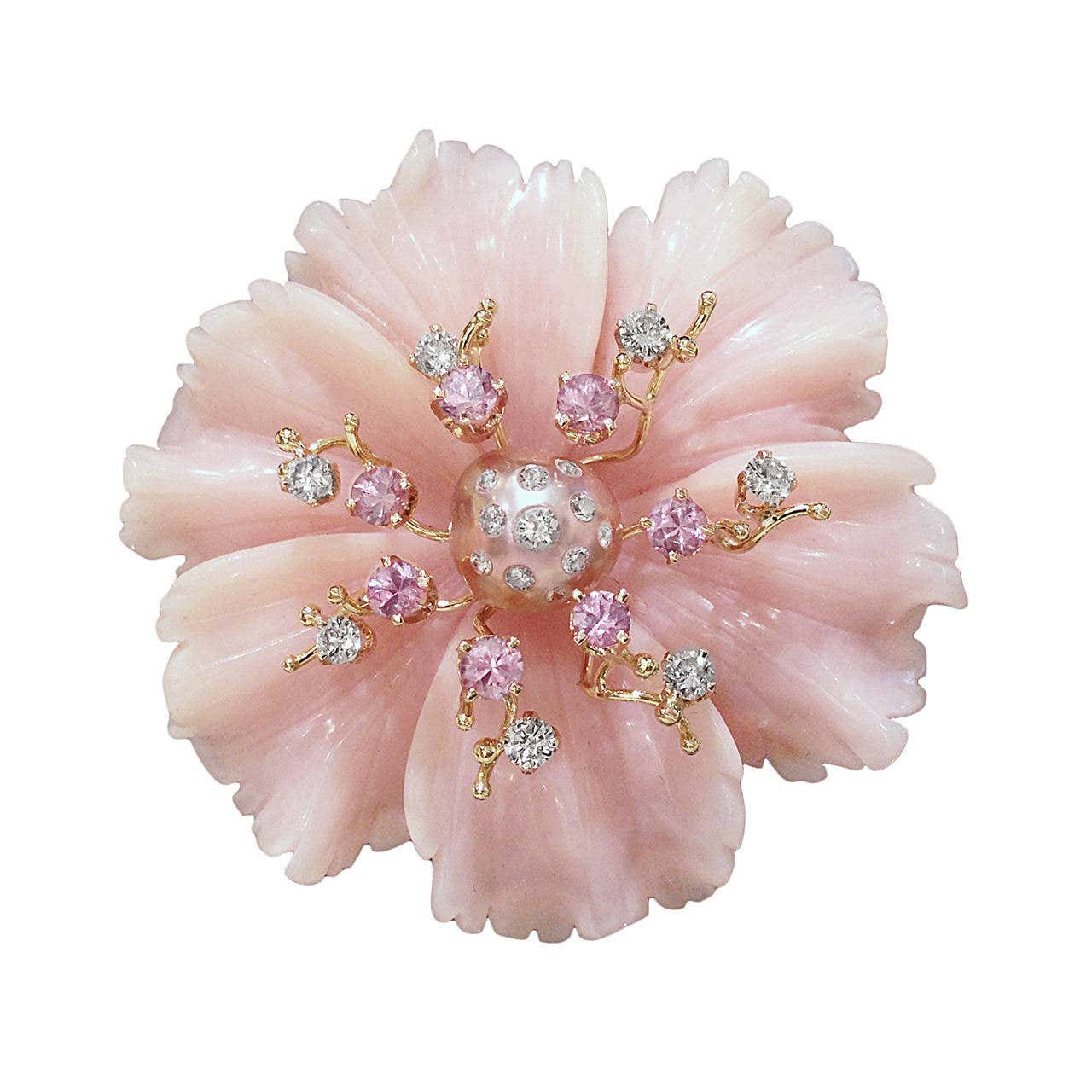 Russell Trusso Peruvian Pink Opal Pink Sapphire Diamond Gold Brooch ...