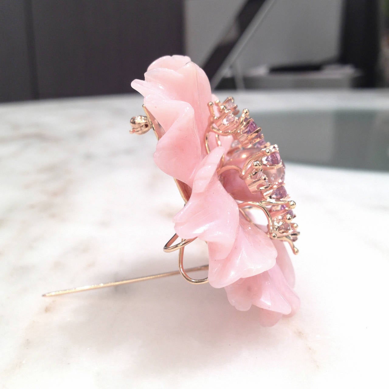 Modern Russell Trusso Peruvian Pink Opal Pink Sapphire Diamond Gold Brooch Pendant