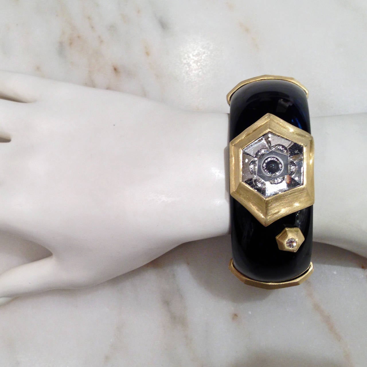 Susan Sadler Munsteiner Cut Rutile Quartz Diamond Gold Bakelite Cuff Bracelet 1