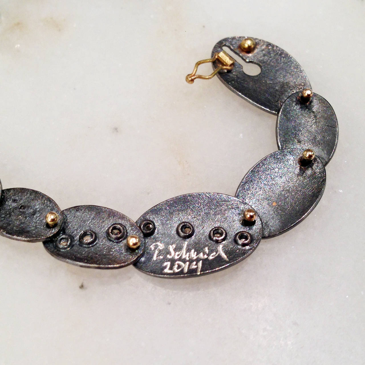 Atelier Zobel White Diamond Gold Oxidized Silver Handmade Oval Links Bracelet In New Condition In Dallas, TX