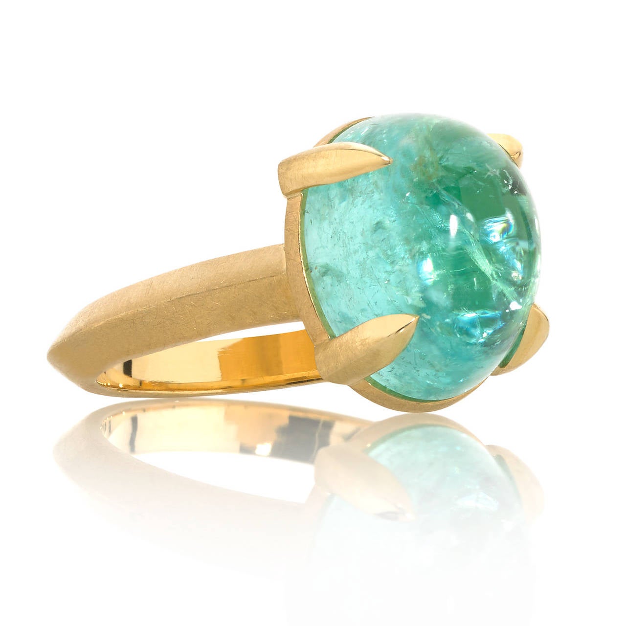 One-of-a-Kind Cosmic Ring handcrafted in matte 18k yellow gold with an extraordinary cabochon-cut Paraiba tourmaline that has a whole world within the gem. Size 5.5 (Can be Sized).