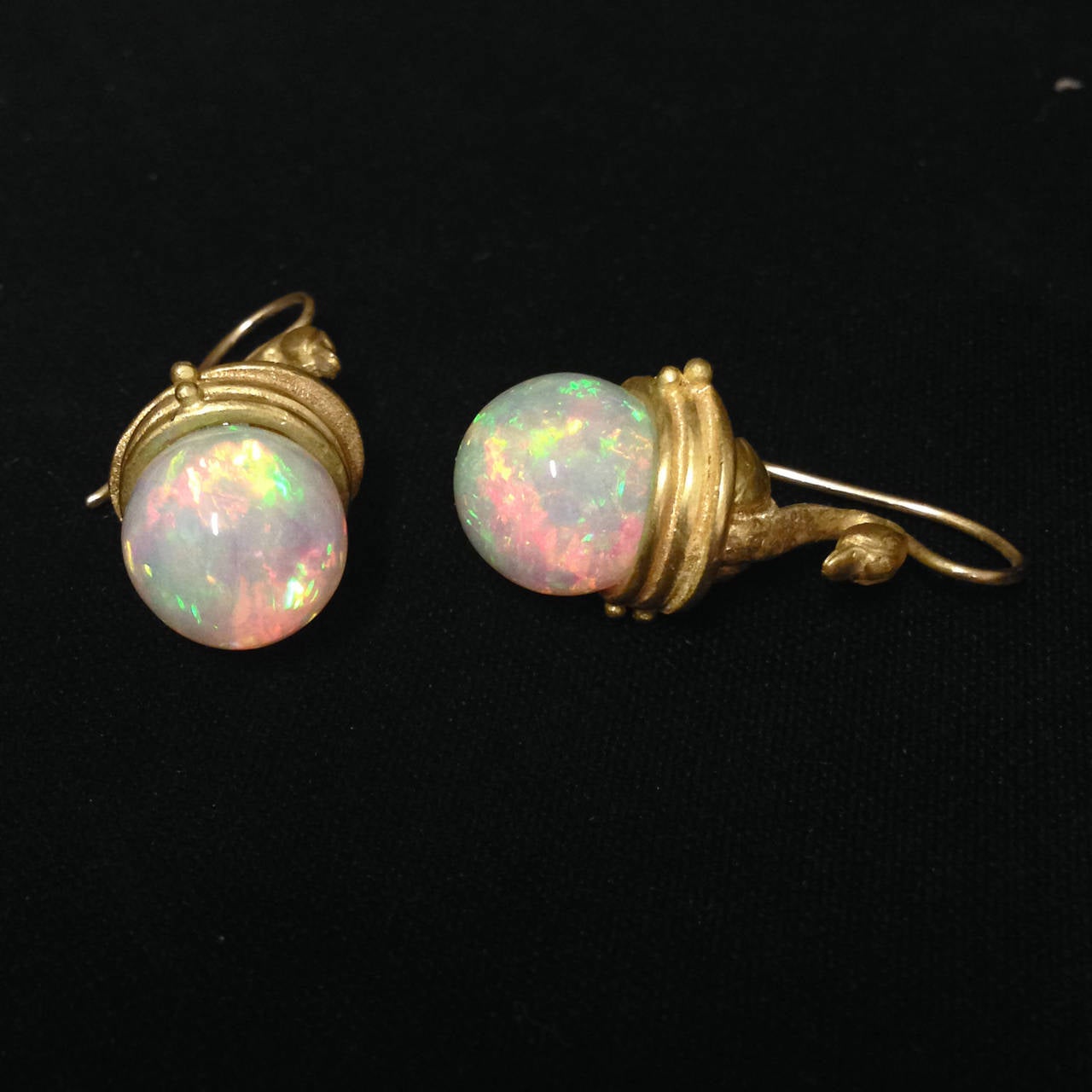 Lilly Fitzgerald Hand-Carved Ethiopian Opal Sphere Golden Swan Earrings 1