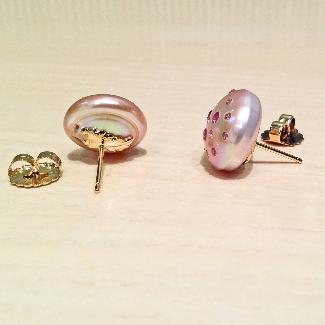 Artist Russell Trusso Pink Diamond-Embedded Pink Freshwater Button Pearl Earrings