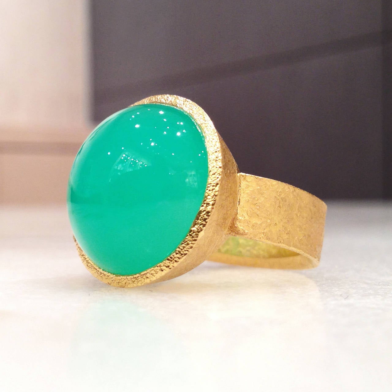 One-of-a-Kind Bubble Ring handcrafted in 22k yellow gold with a cabochon-cut, fine color chrysoprase. Size 8.75 (Can be Sized)