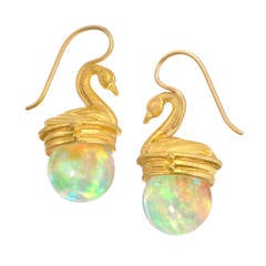Lilly Fitzgerald Hand-Carved Ethiopian Opal Sphere Golden Swan Earrings