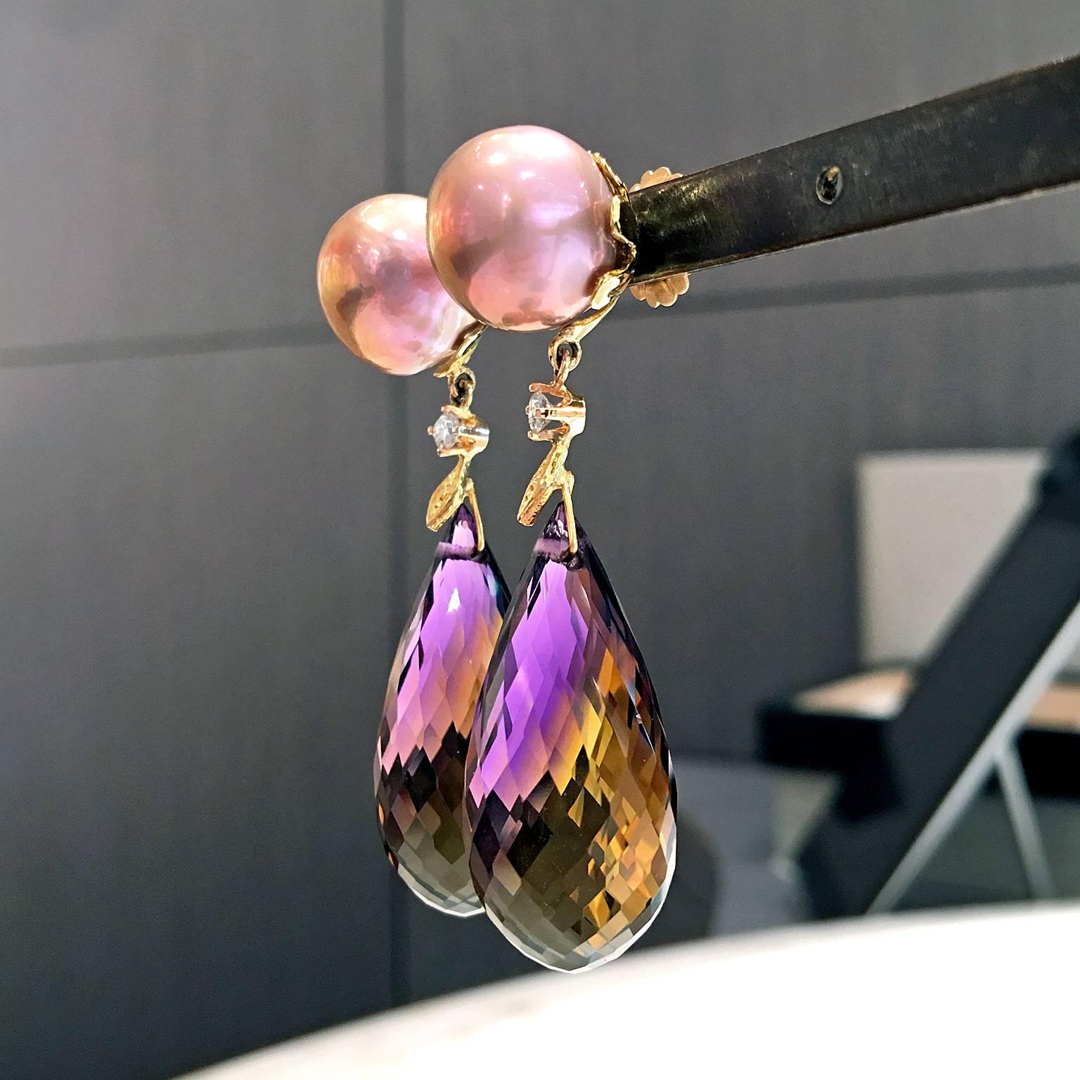 Artist Trusso Faceted Ametrine Drop Maurasaki Pearl White Diamond Dangle Earrings