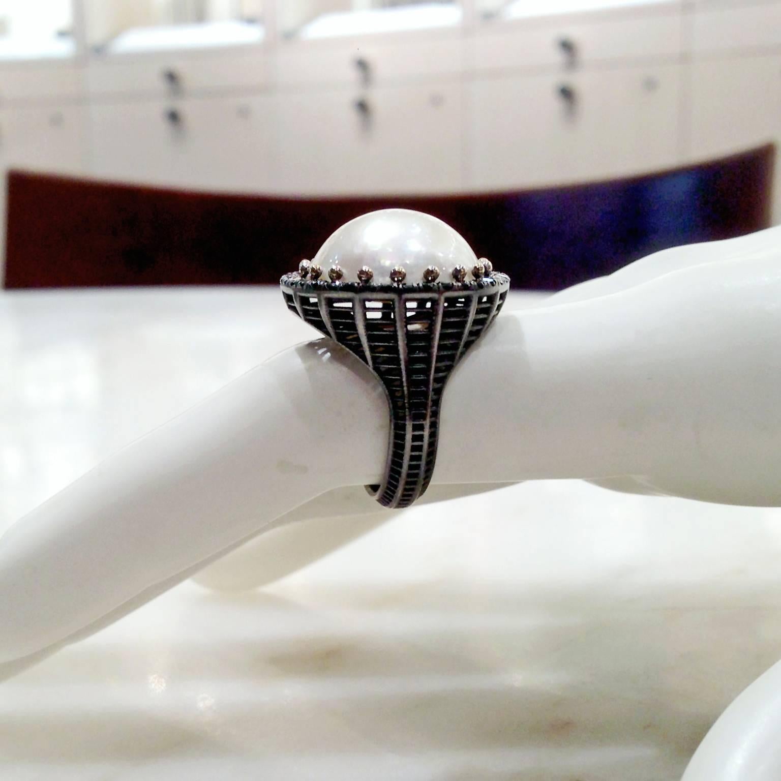Modern Roule & Co. Lustrous Mabe Pearl Black Diamond Gold Ring