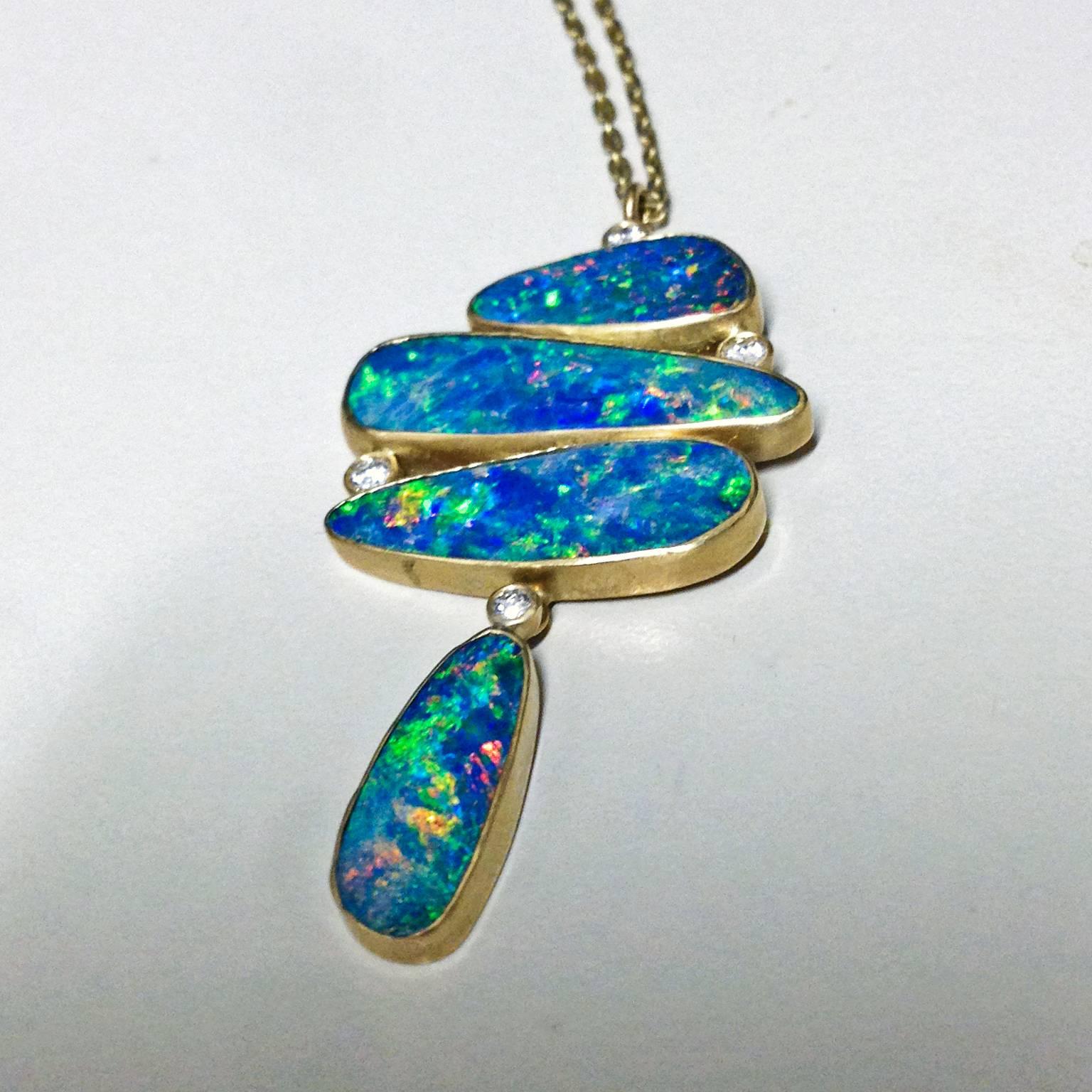 Artist Kothari Blue Green Orange Boulder Opal White Diamond Drop Pendant Necklace