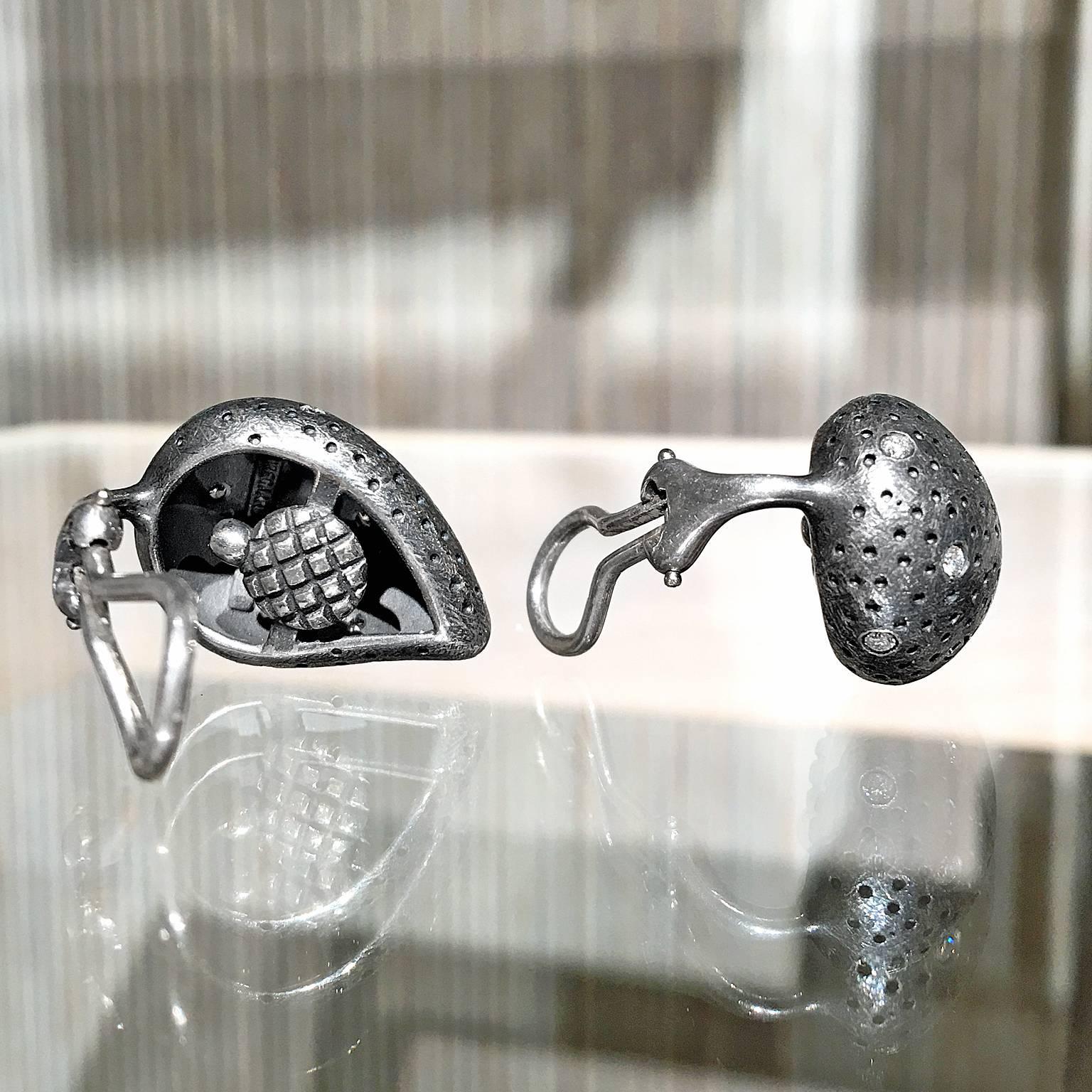 Artist Pedro Boregaard White Diamond Embedded Oxidized Silver Clip Stud Earrings