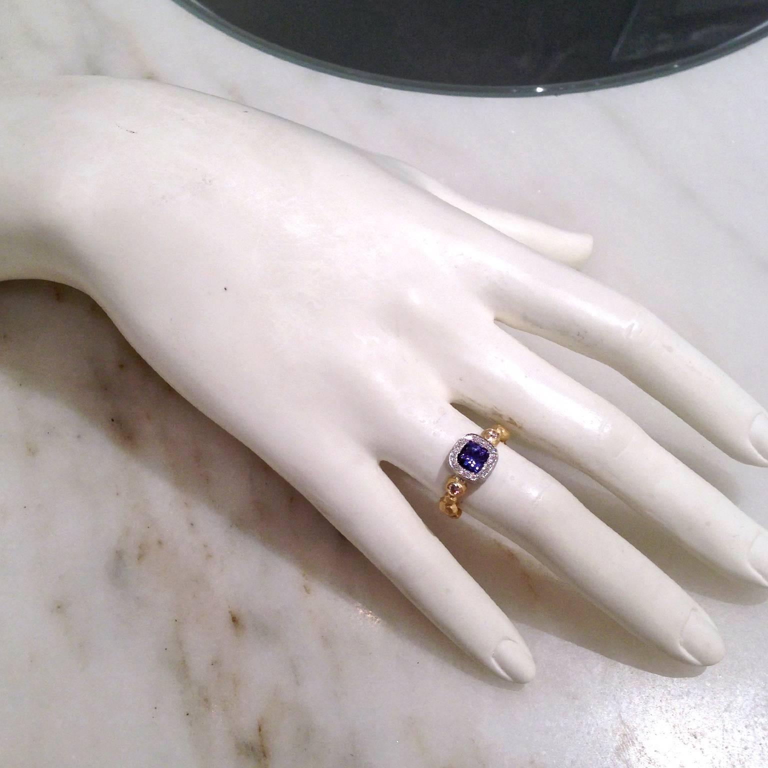 Pamela Froman Cushion-Cut Tanzanite White Diamond Hammered Gold Ring In New Condition In Dallas, TX