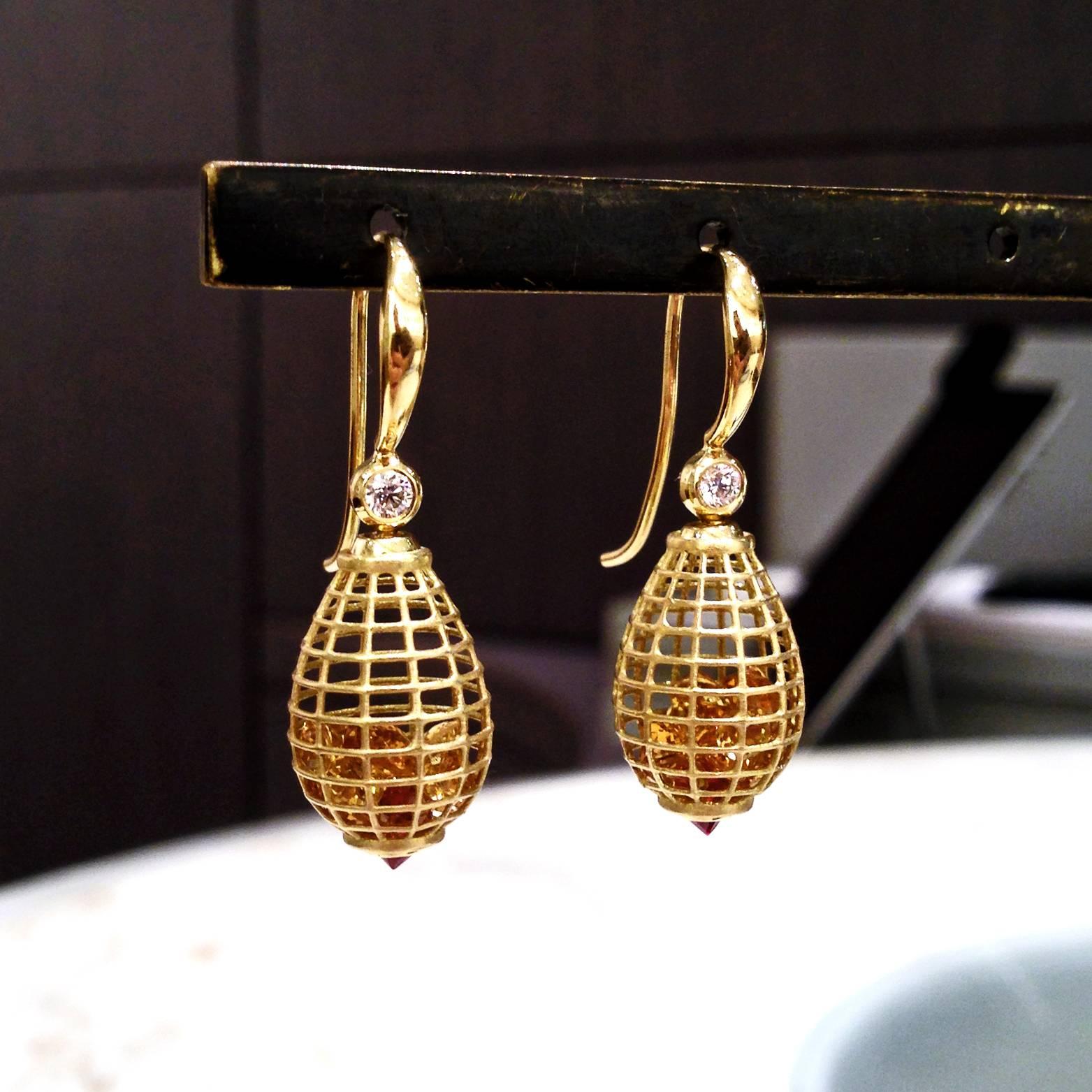 Modern Roule and Co. Honey Citrine Inverted Ruby Diamond Gold Shaker Teardrop Earrings