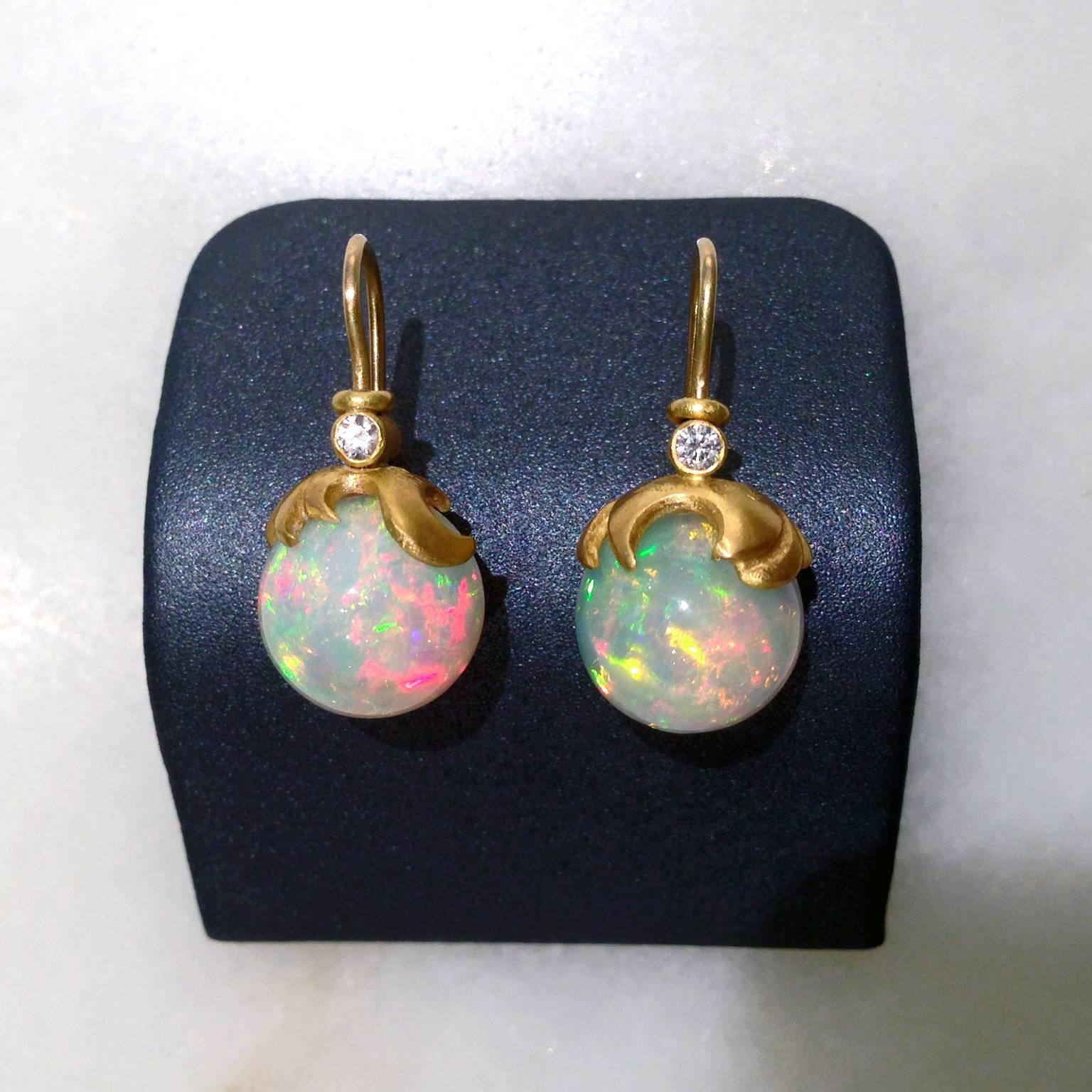 Lilly Fitzgerald Handcarved Opal Sphere Diamond Gold Drop Earrings In New Condition In Dallas, TX