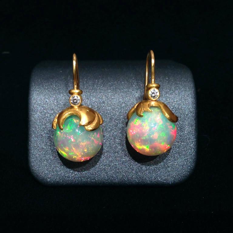 Lilly Fitzgerald Handcarved Opal Sphere Diamond Gold Drop Earrings at