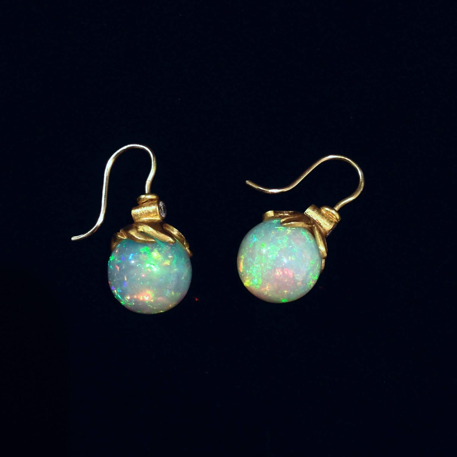 Artist Lilly Fitzgerald Handcarved Opal Sphere Diamond Gold Drop Earrings