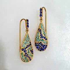 Lauren Harper Asymmetrical Emerald Blue Sapphire Matte Gold Pear Drop Earring