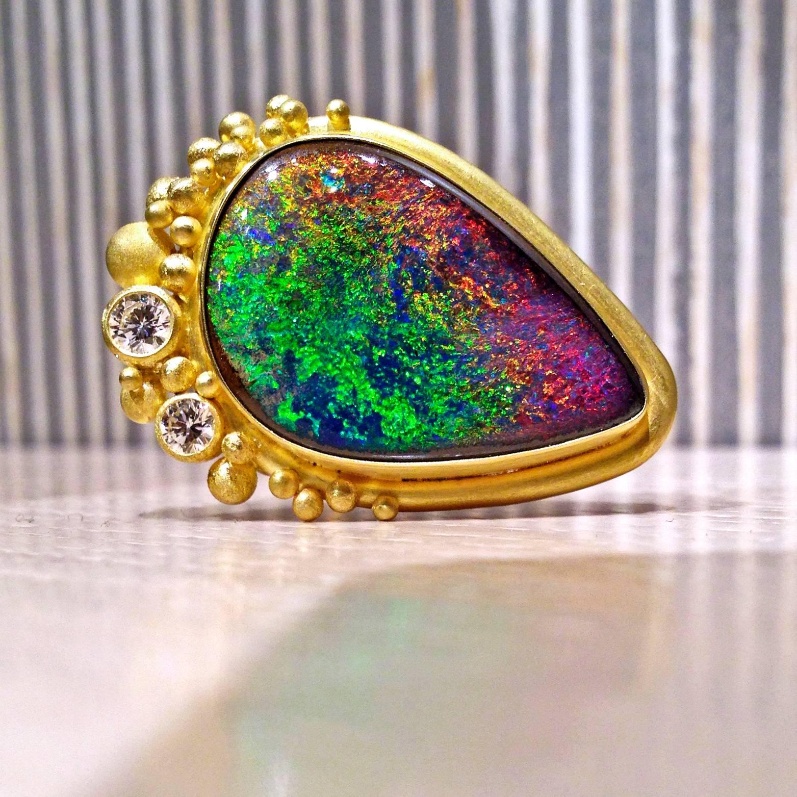 Artisan Lilly Fitzgerald One of a Kind Fine Rainbow Pinfire Boulder Opal Diamond Pin
