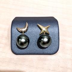 Pedro Boregaard Black Tahitian Pearl Rose Yellow Gold Moon and Star Earrings