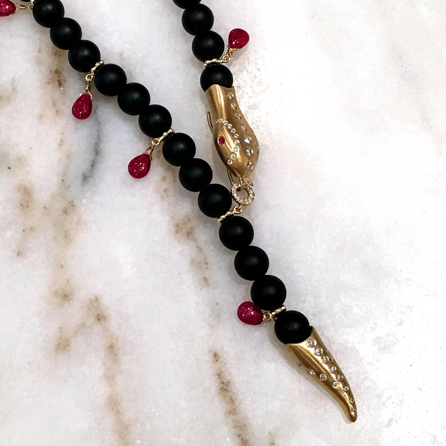 Artist Fern Freeman Ruby Matte Onyx Diamond Gold Rattlesnake Necklace