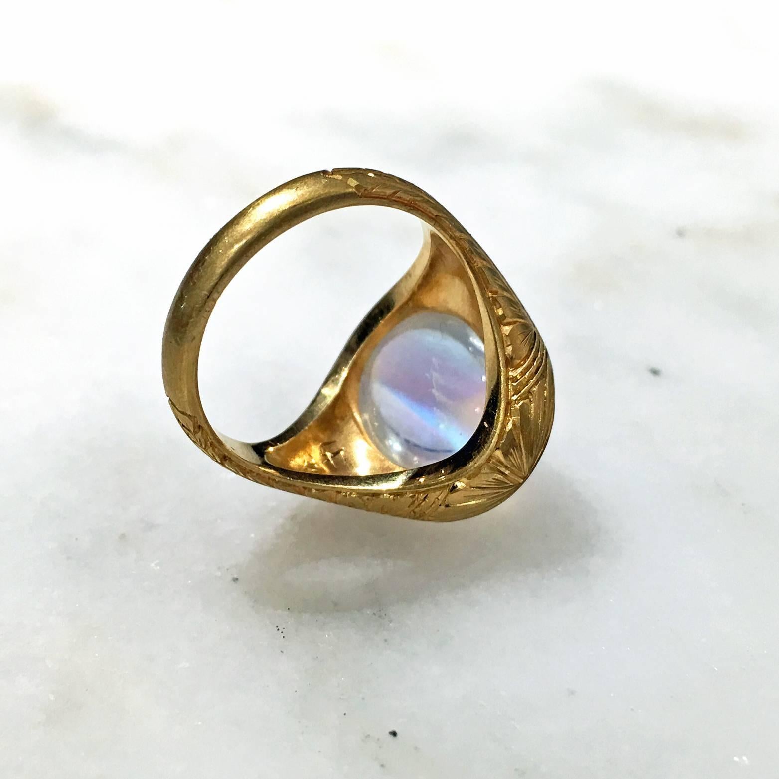 Women's or Men's Lilly Fitzgerald Extraordinary Oval Rainbow Moonstone Carved Gold Relic Ring