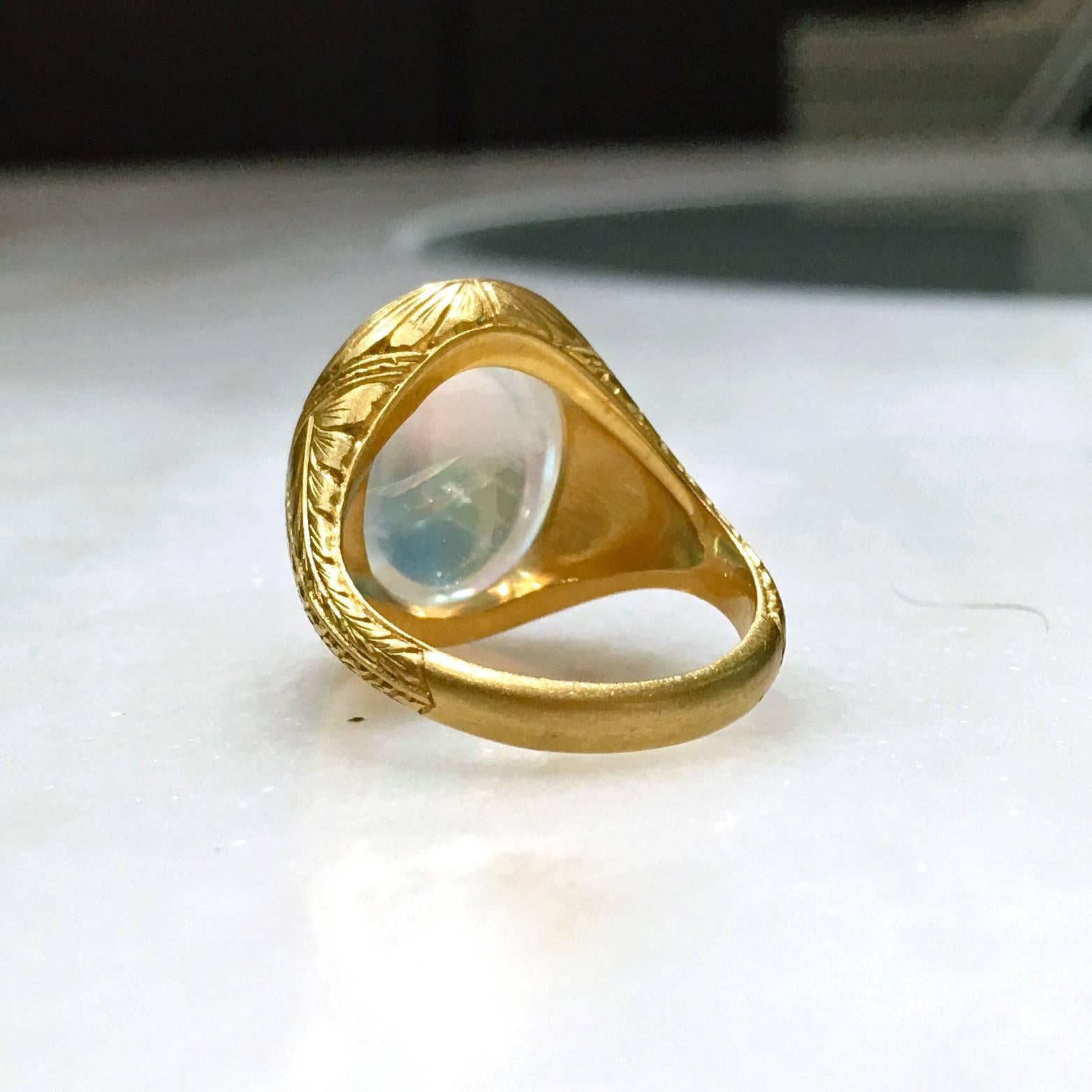 Lilly Fitzgerald Extraordinary Oval Rainbow Moonstone Carved Gold Relic Ring In New Condition In Dallas, TX