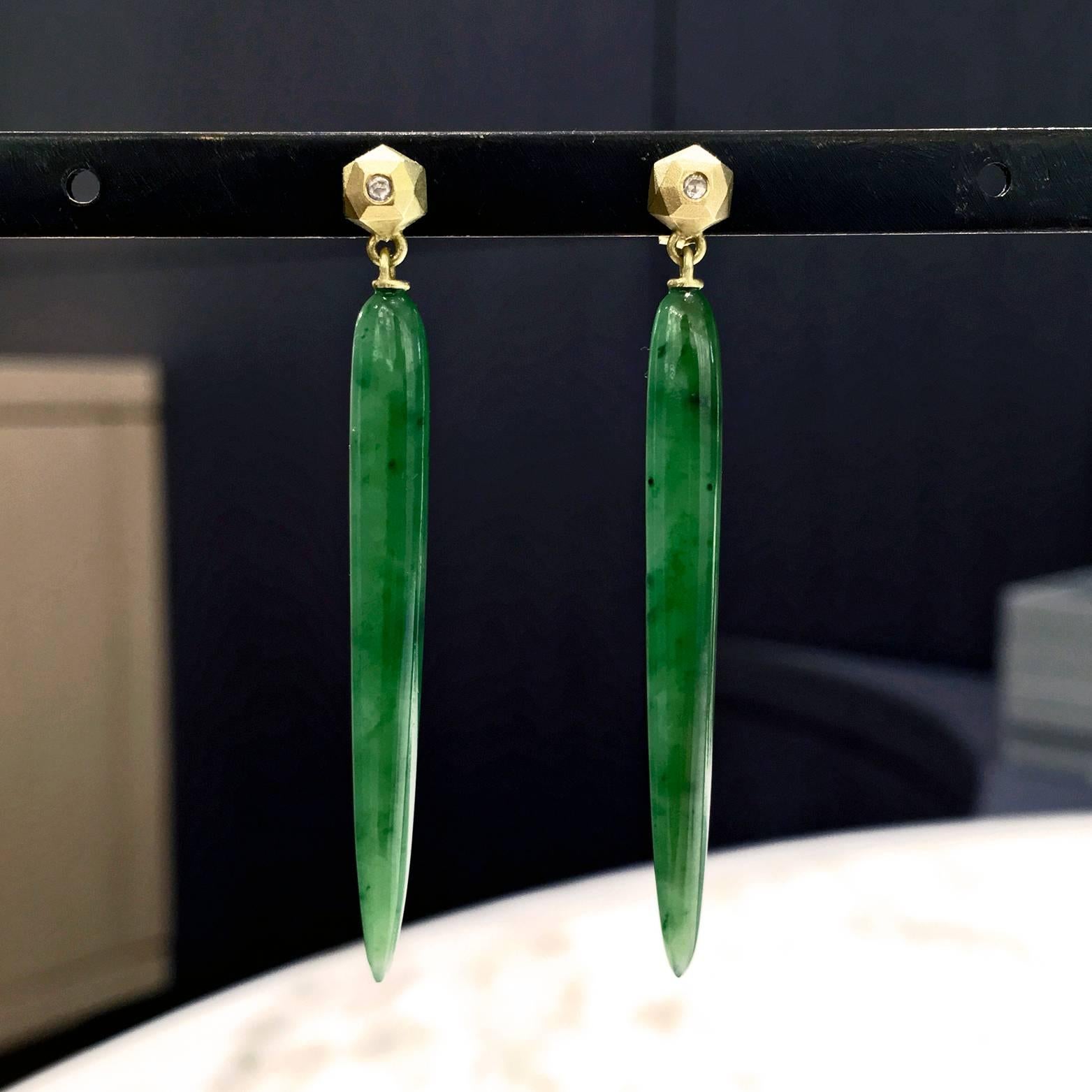 One-of-a-Kind Earrings handmade featuring 16.02 total carats of beautiful Siberian jade dangling from matte-finished 18k yellow gold hedra elements  with bezel-set rose-cut diamonds.