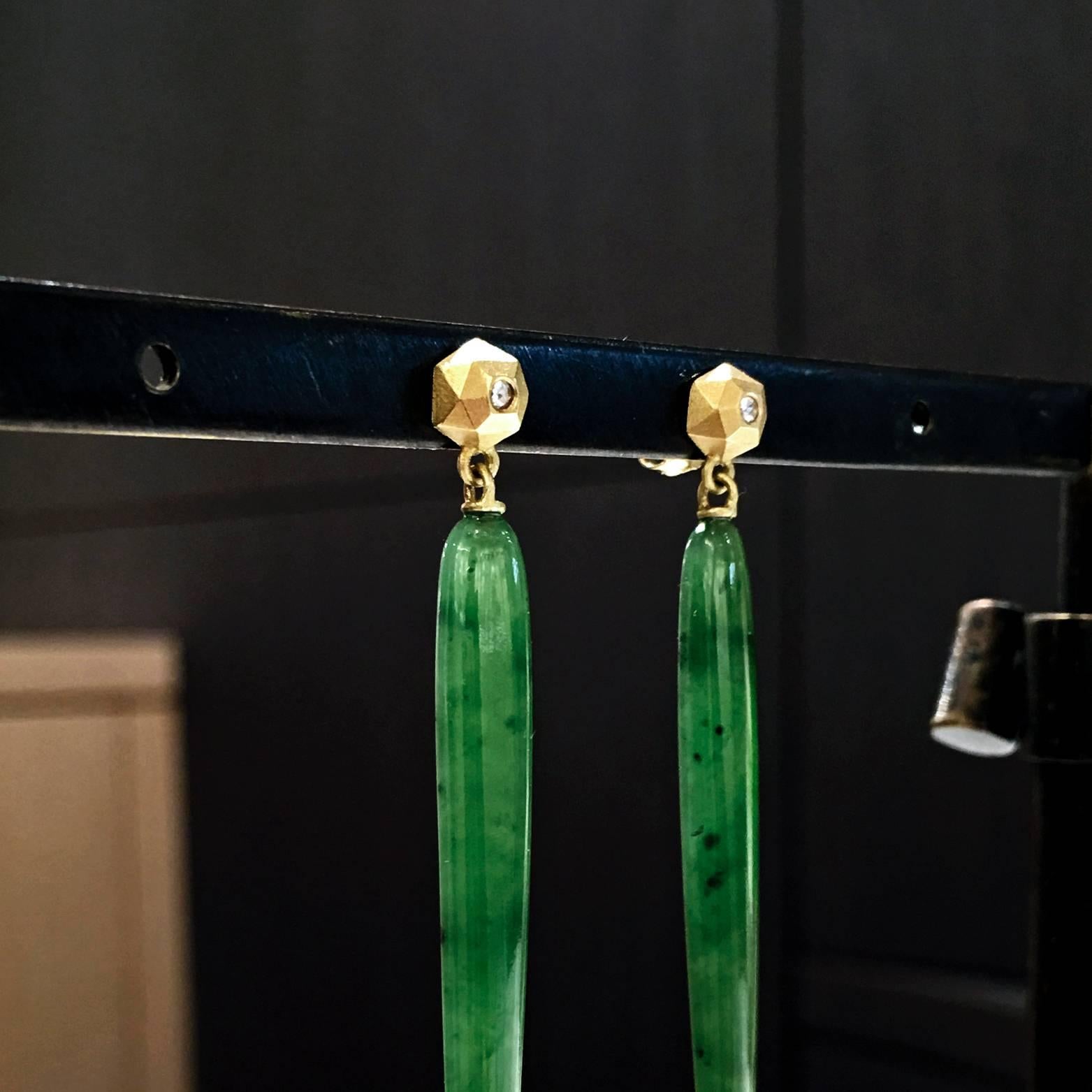Artist Geoffrey Good Siberian Jade Drop Rose-Cut Diamond Matte Gold Hedra Earrings