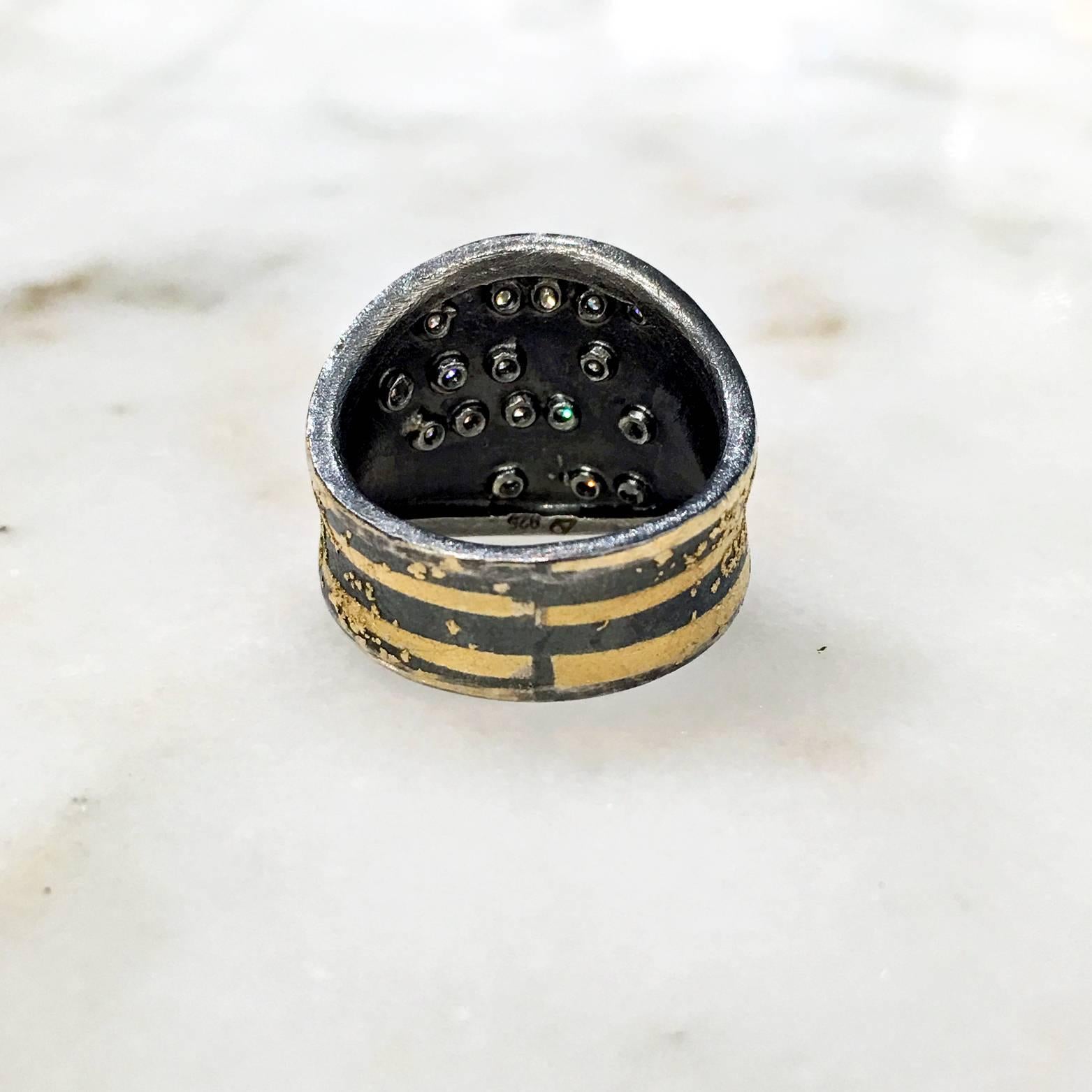 Atelier Zobel Diamond Sprinkles Oxidized Silver Gold Curve Ring In New Condition In Dallas, TX