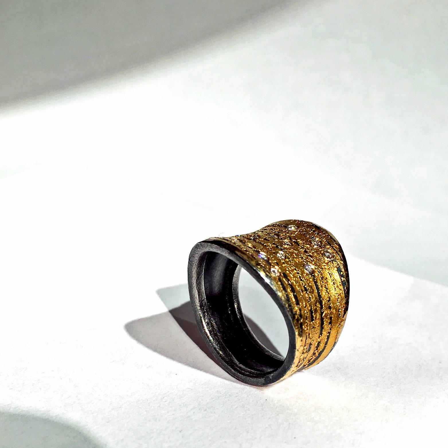 One-of-a-Kind Ring handcrafted in 24k gold and oxidized sterling silver with 0.17 total carats of bezel-set round brilliant-cut diamonds. (Size 8.25 - can be sized).