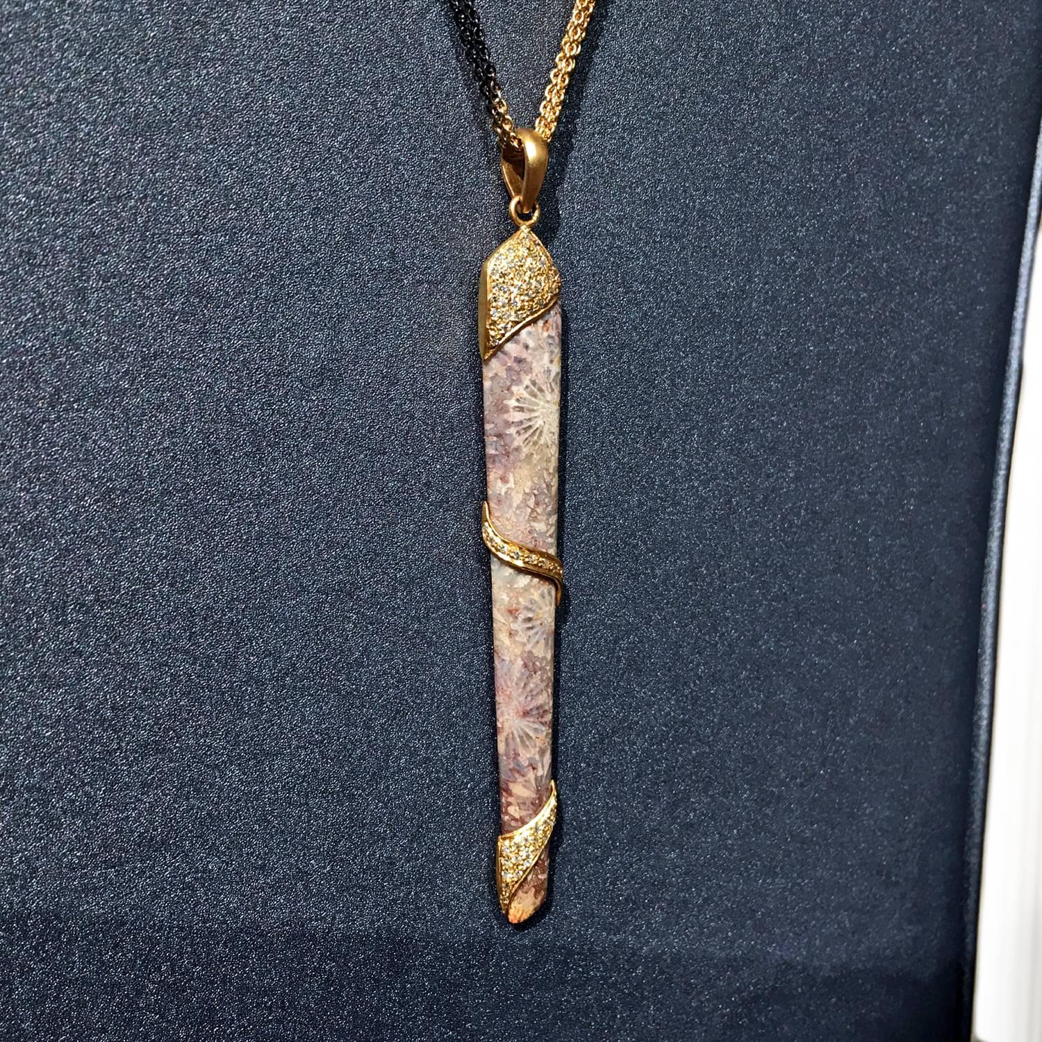 Lauren Harper Fossilized Ancient Coral White Diamond Silver Gold Long Necklace In New Condition In Dallas, TX
