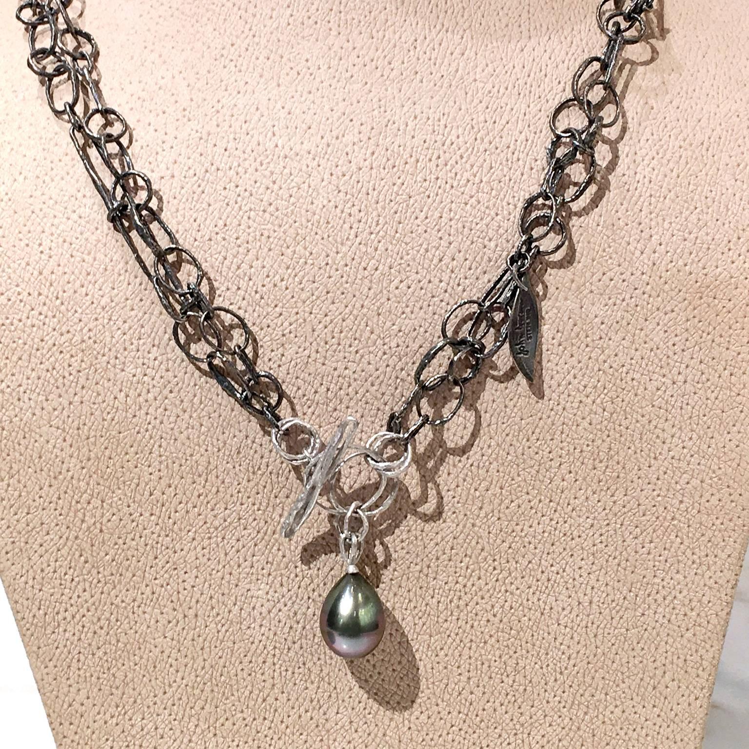 Artist John Iversen One of a Kind Tahitian Pearl Silver Gold Double Link Necklace