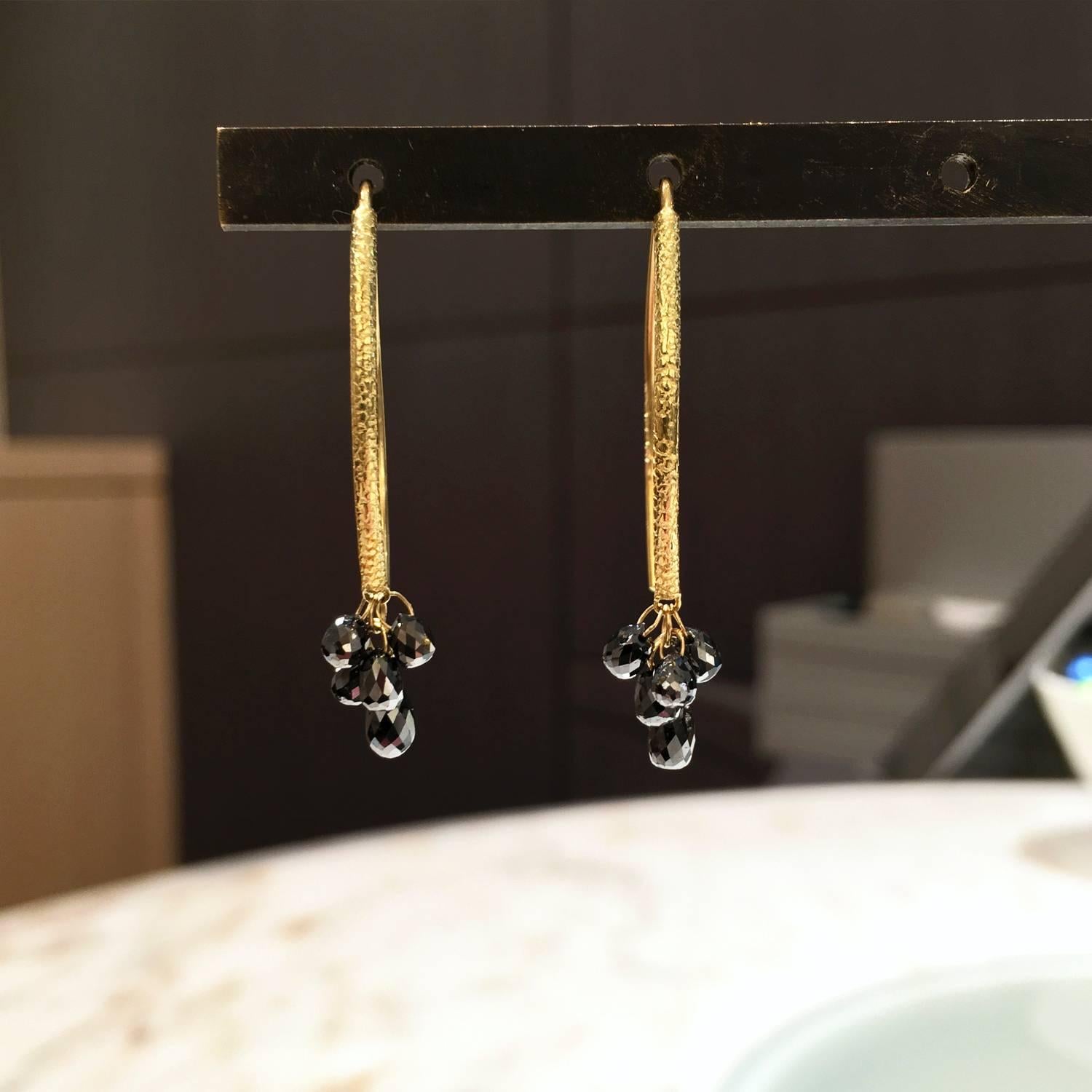 Artist Barbara Heinrich Shimmering Faceted Black Diamond Gold Briolette Drop Earrings