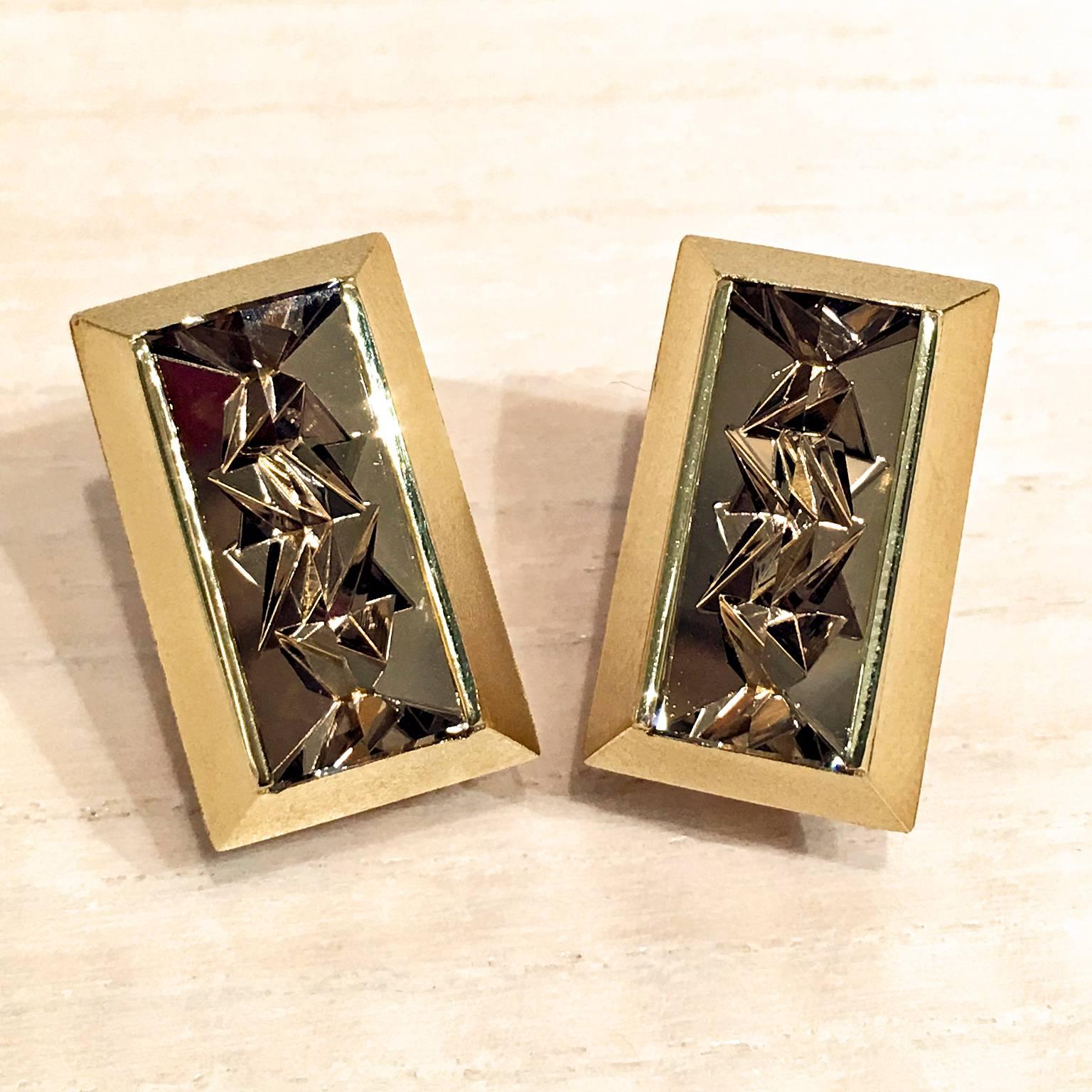 One-of-a-Kind Earrings handcrafted in satin-finished 18k yellow gold with two reflective 