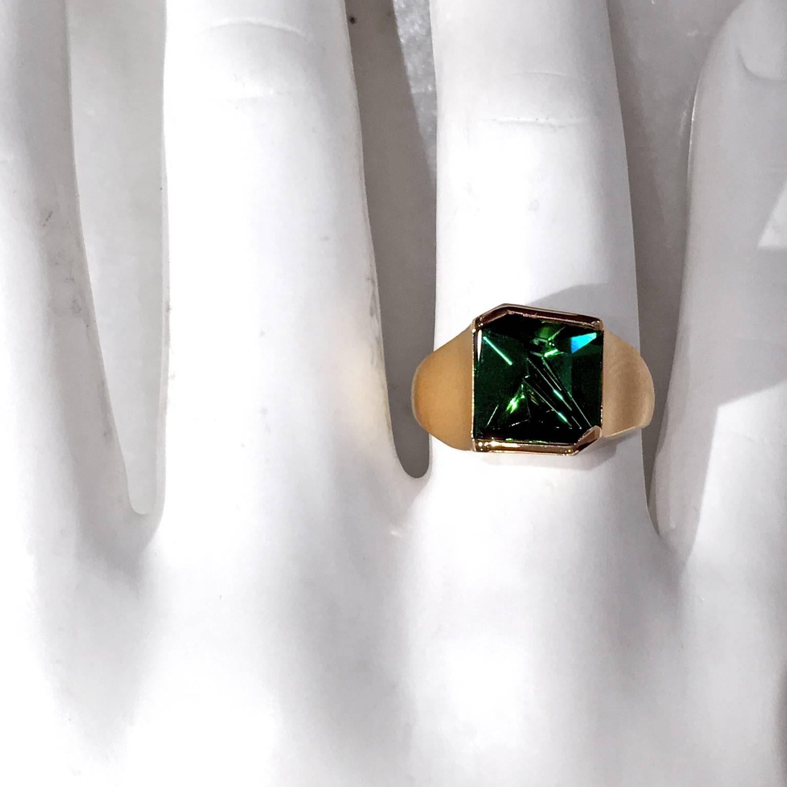 One-of-a-Kind Ring handcrafted in matte-finished 18k yellow gold with a spectacular 3.53 carat abstract-cut green tourmaline bezel-set with two polished 18k yellow gold bars. Size 7.5 (can be sized).
