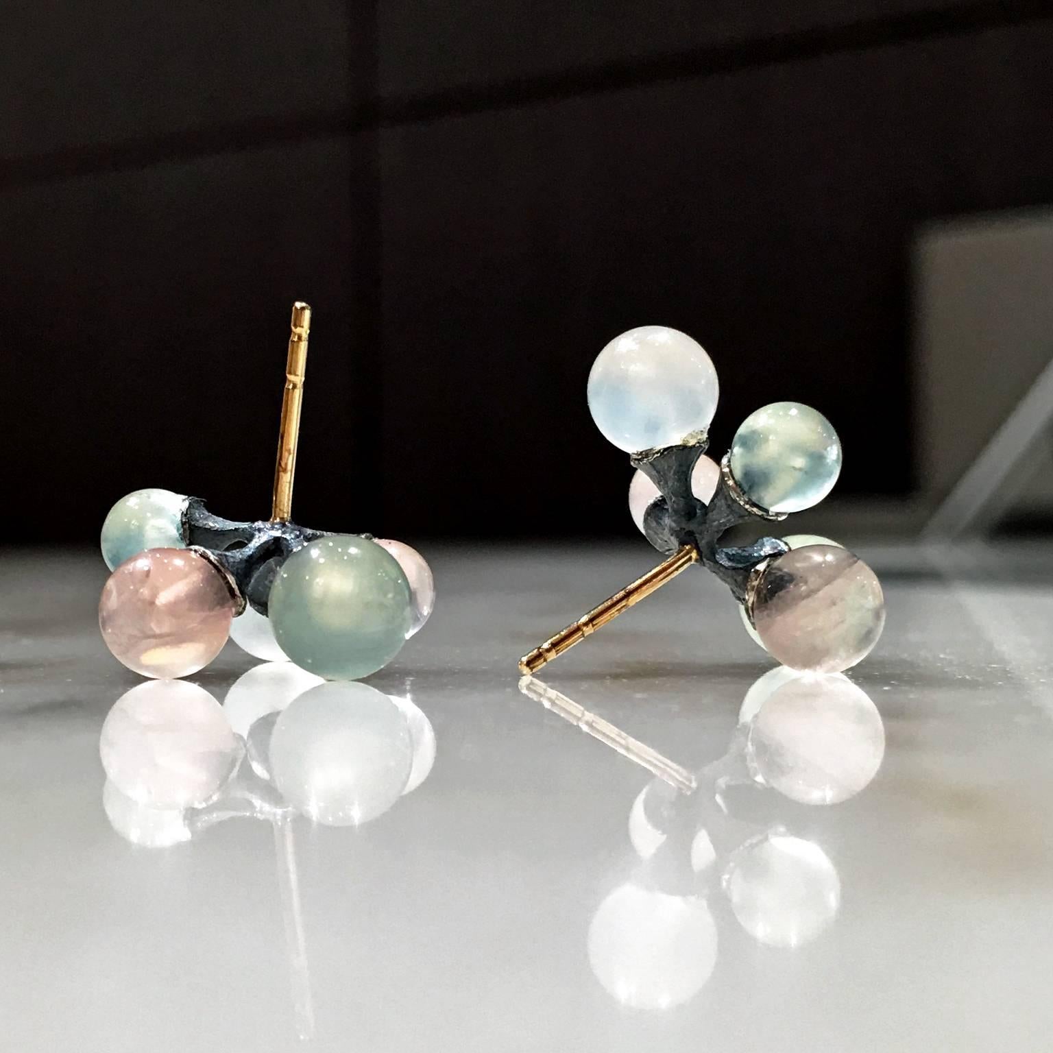 Artist John Iversen Moonstone Rose Quartz Prehnite Silver Gold Micro Jack Earrings