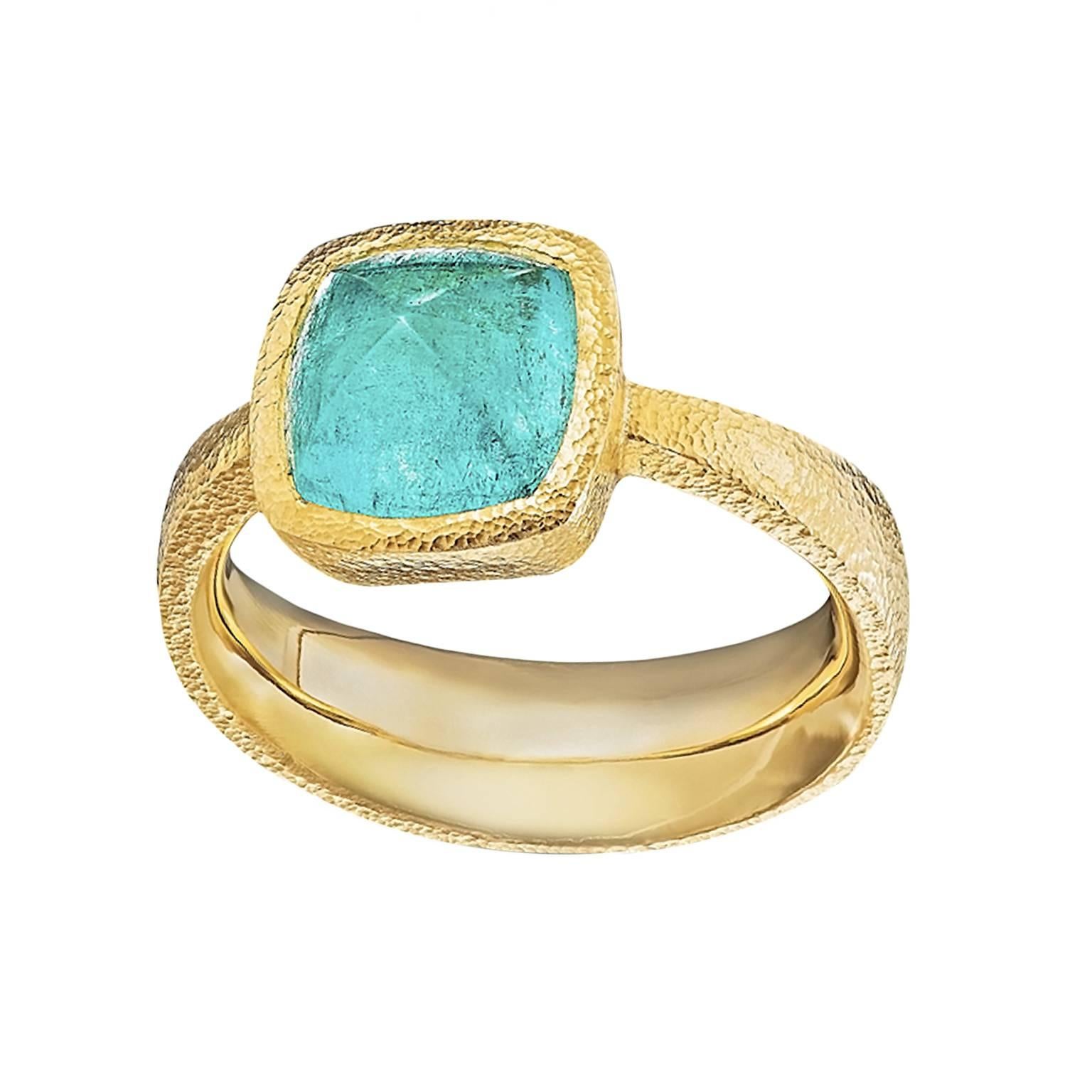 One-of-a-Kind Glowing Pyramid Ring showcasing a bezel-set, pyramid-cut electric medium light bluish green 3.61 carat Brazilian paraiba tourmaline handcrafted in 2015 with Devta Doolan's signature 22k yellow gold finish and polished 22k yellow gold