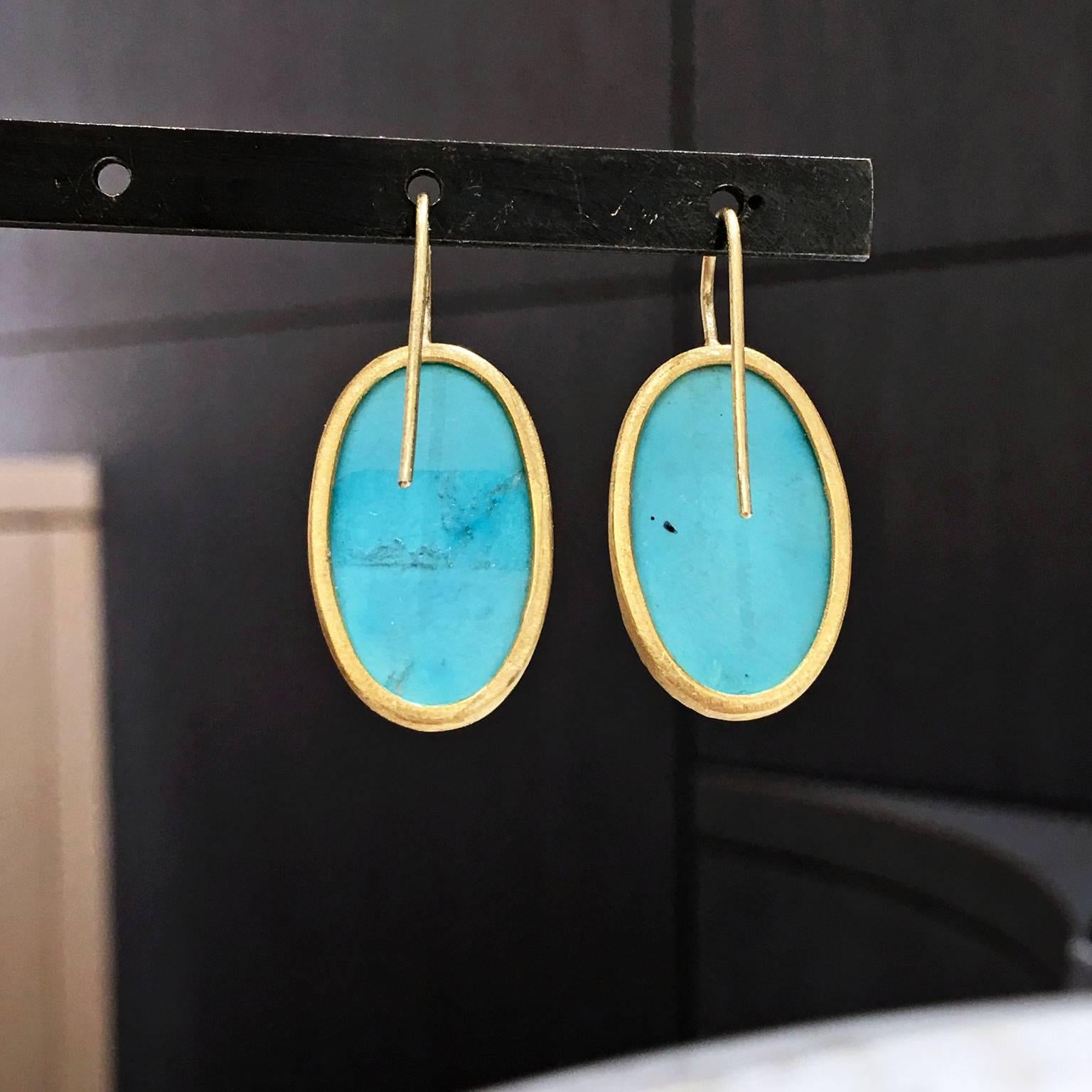 Women's 2016 Devta Doolan Oval Persian Turquoise Cabochon Gold Handmade Drop Earrings