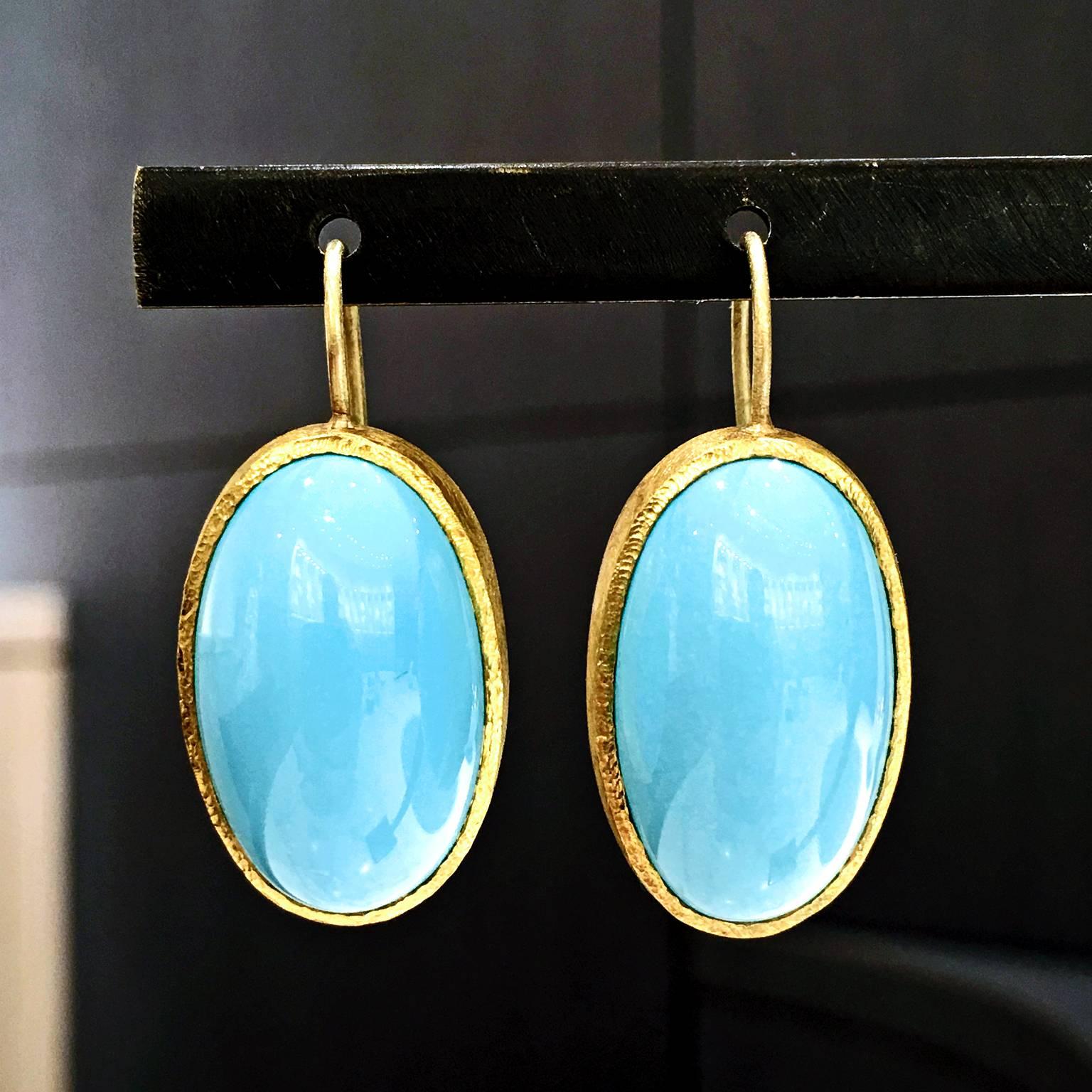 Artisan 2016 Devta Doolan Oval Persian Turquoise Cabochon Gold Handmade Drop Earrings
