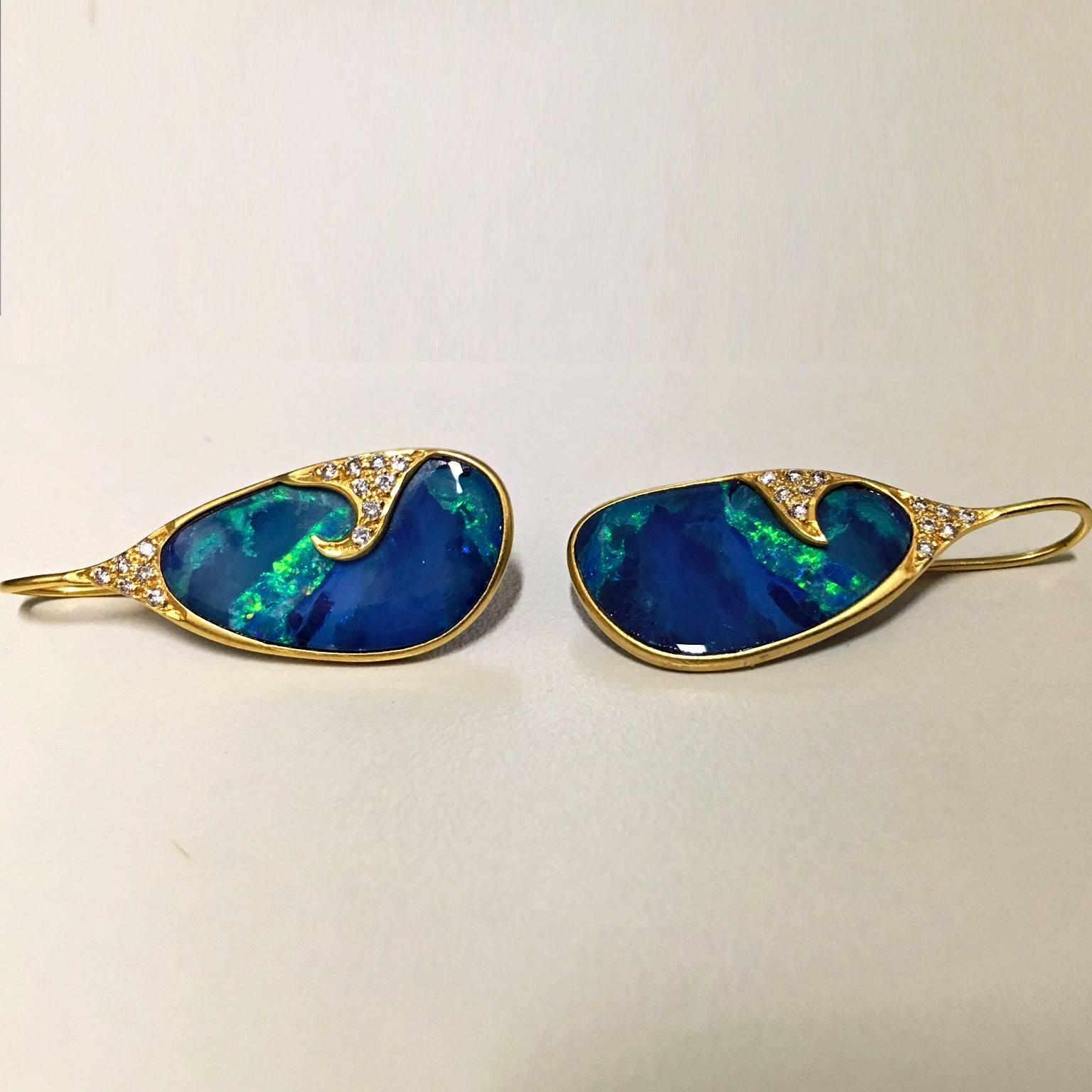 Lauren Harper Green Blue Boulder Opal White Diamond Gold Drop Earrings In New Condition In Dallas, TX