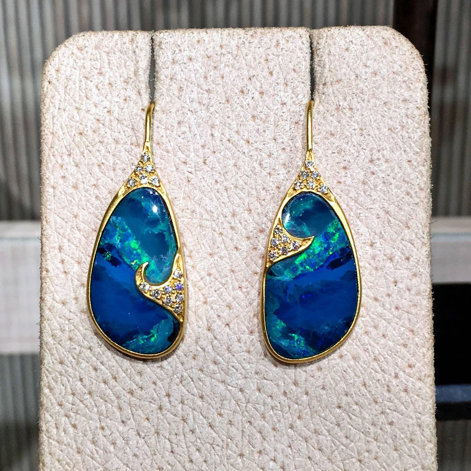 Artist Lauren Harper Green Blue Boulder Opal White Diamond Gold Drop Earrings