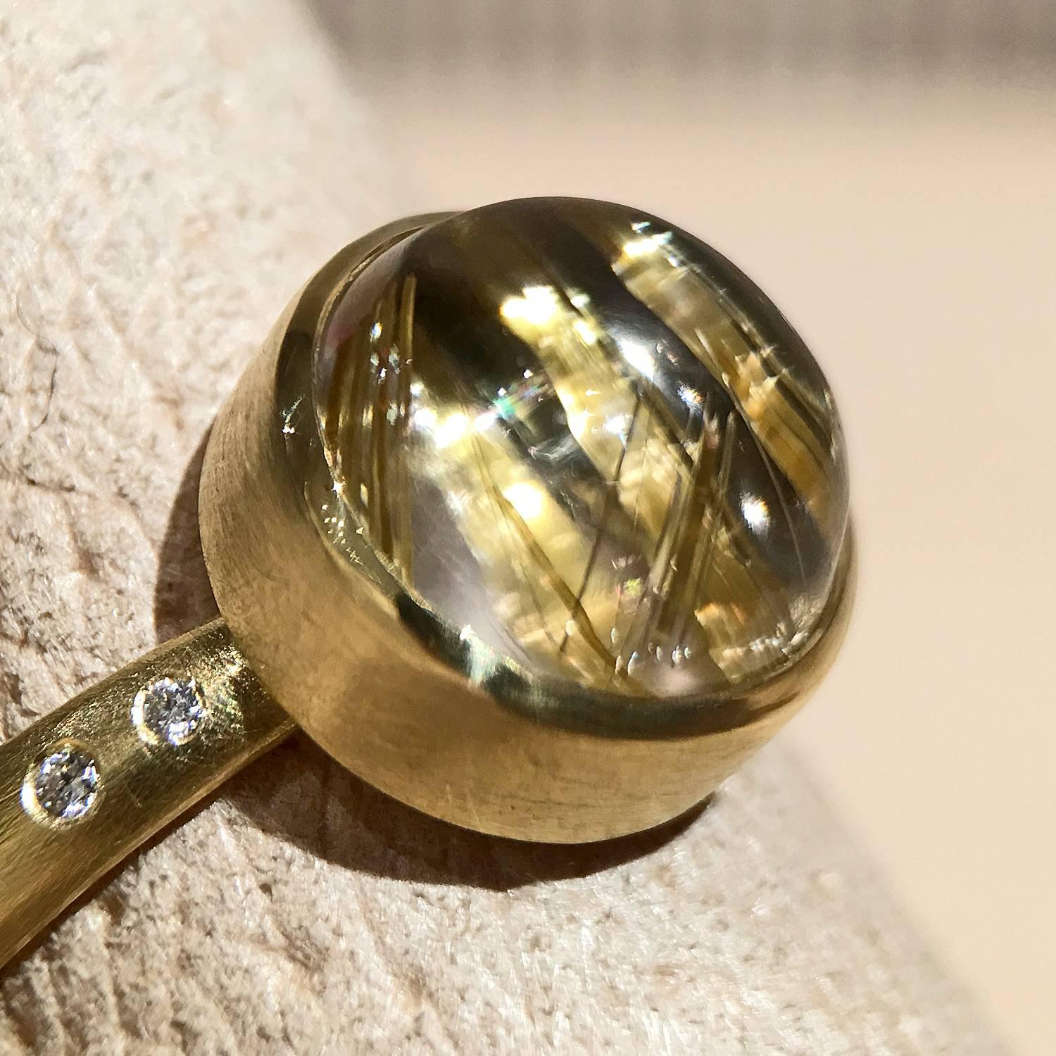 Robin Waynee Golden Rutilated Quartz Diamond Gold Bubble Mirror Ring In New Condition In Dallas, TX