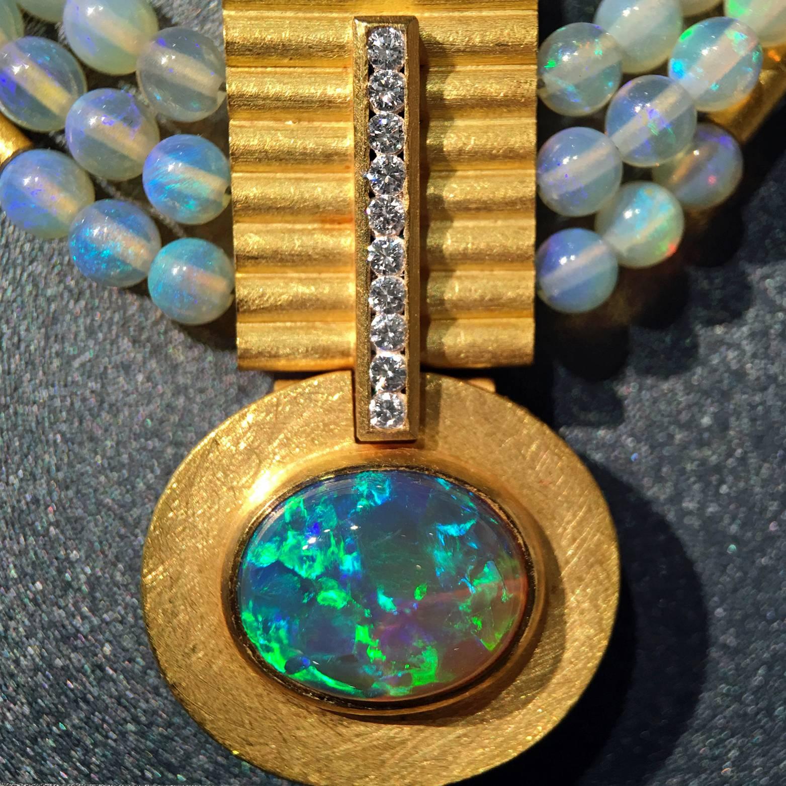 Artist Lightning Ridge Black Opal White Diamond Opal Triple Strand 21k Gold Necklace For Sale