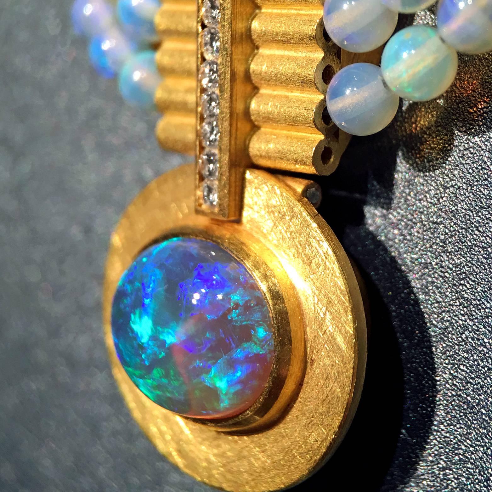 Oval Cut Lightning Ridge Black Opal White Diamond Opal Triple Strand 21k Gold Necklace For Sale