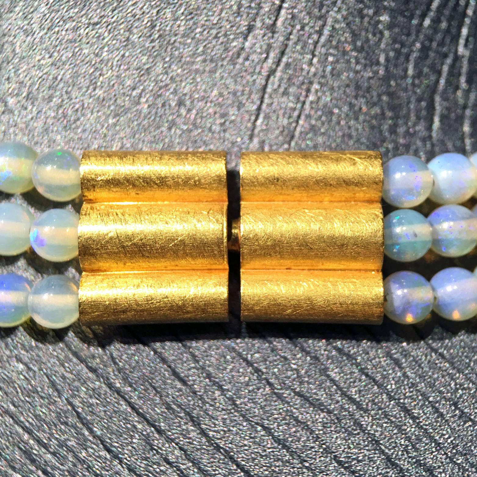 Women's Lightning Ridge Black Opal White Diamond Opal Triple Strand 21k Gold Necklace For Sale
