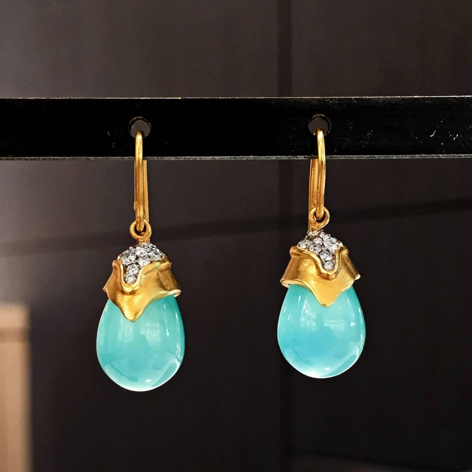 Chalcedony Drop Earrings handmade by jewelry designer Lauren Harper in matte-finished 18k yellow gold with very soft greenish-blue Peruvian chalcedony and 0.41 total carats of round brilliant-cut white dimaond accents on 18k yellow gold ear