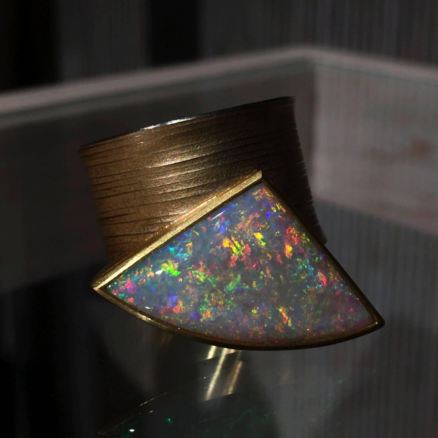 Artist Eva Steinberg Multi-Color Flashfire Opal Gold Platinum Cylinder Band Ring