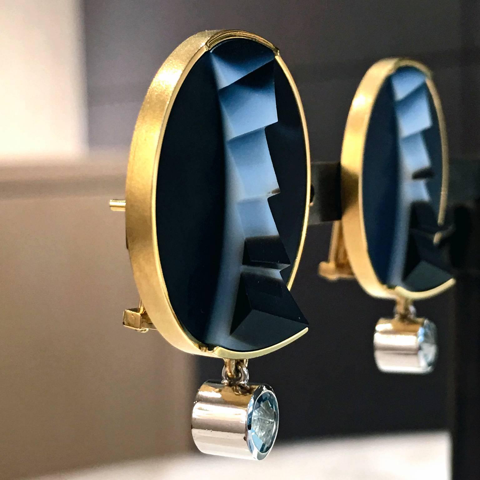 Atelier Munsteiner Black White Agate Spirit Aquamarine Gold Platinum Earrings In New Condition In Dallas, TX